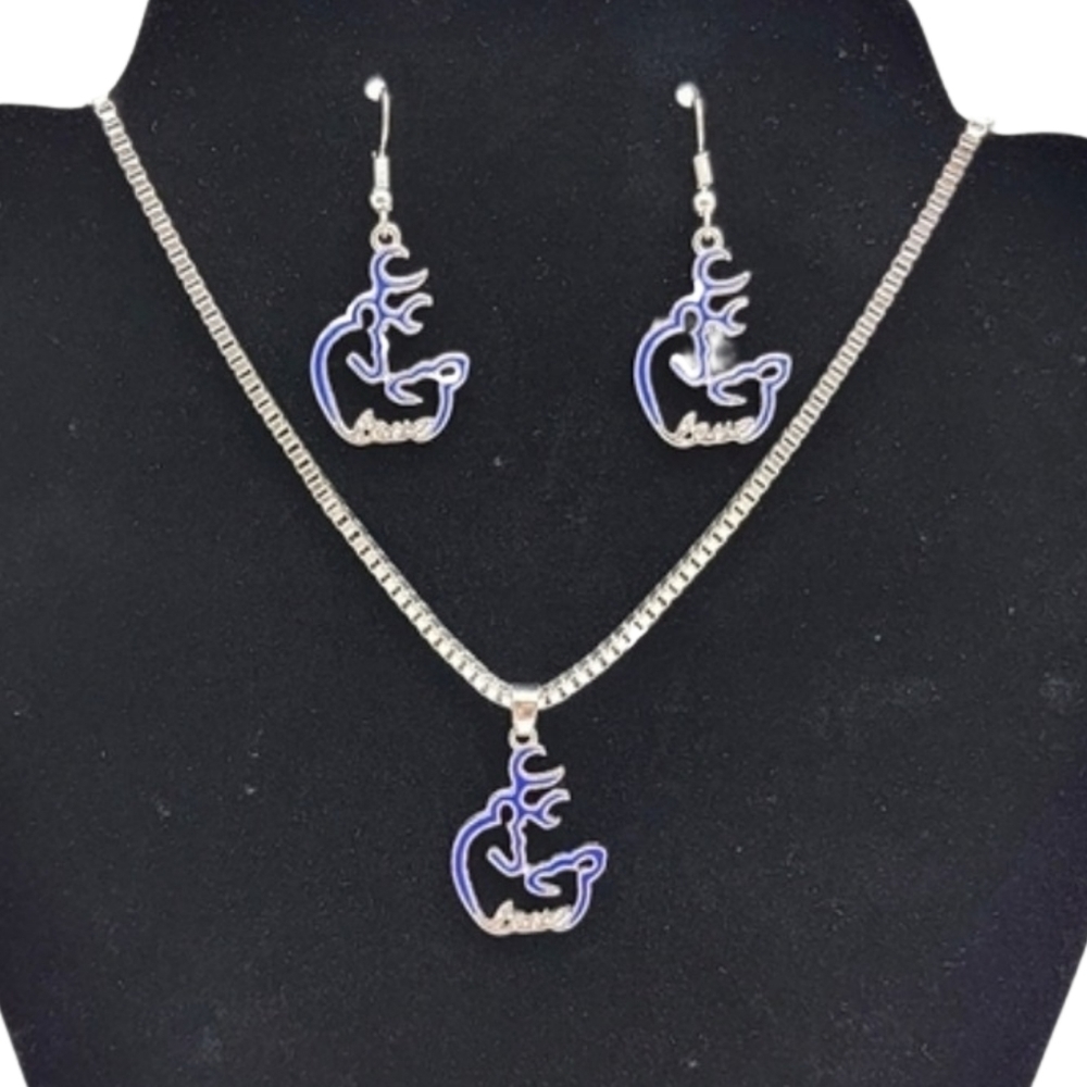 3/$20 Womens Necklace Drop Earrings Jewelry Set Silver Plated Deer Pendant Blue